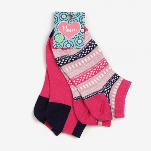 Ladies Organic Cotton and Recycled Yarn Magenta/Navy Aztec Sock Duo by Peace of Mind